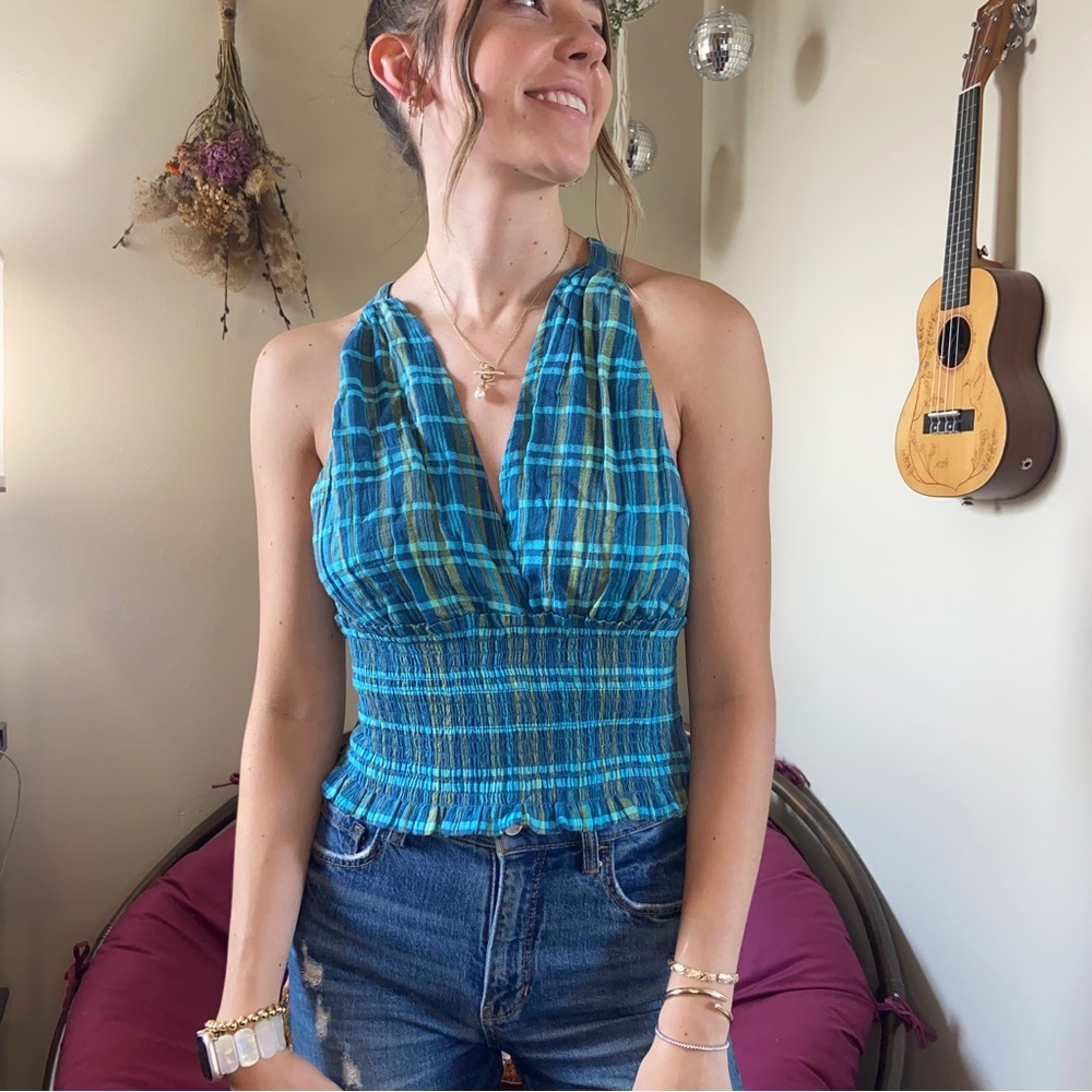 ANTHRO | NWT!! Pilcro Blue plaid Ruched Halter Tank Top